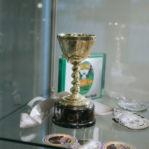 Trophy and medallions on a glass shelf